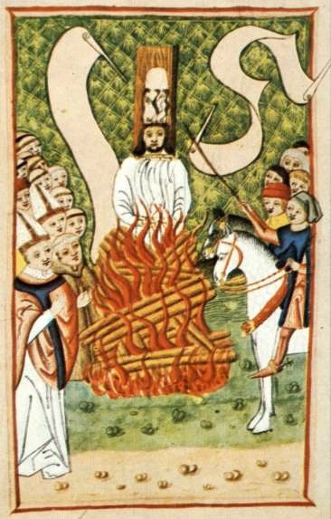 An image of John Hus being burned at the stake, surrounded by both clergy and lay people.