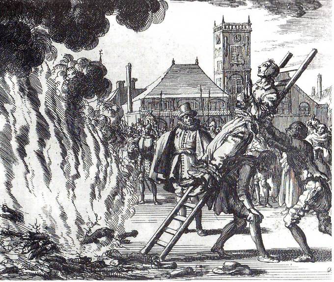 An etching of the burning of an Anabaptist, shown tied to a ladder, being thrown into a large bonfire in a town square.