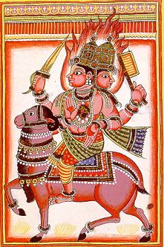 Agni, god of fire, is shown riding a ram.