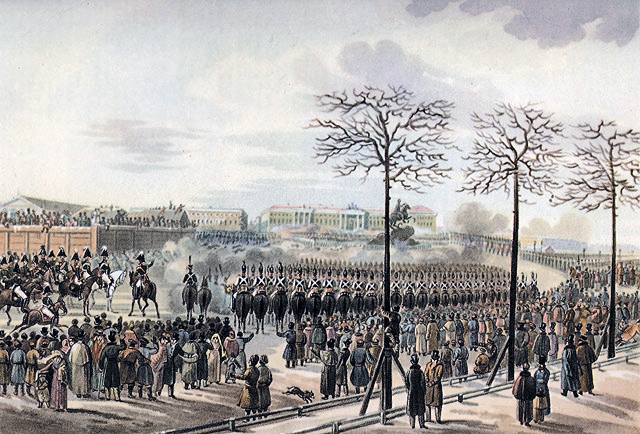 Image of the Decembrist revolt in Peters Square. The image shows loyalist cavalry firing upon the rebels in the center of the square, with onlookers surrounding the fighting.