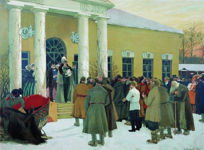 The painting shows few dozen peasants stand around a porch with a nobleman reading from a piece of paper, in front of a yellow house.