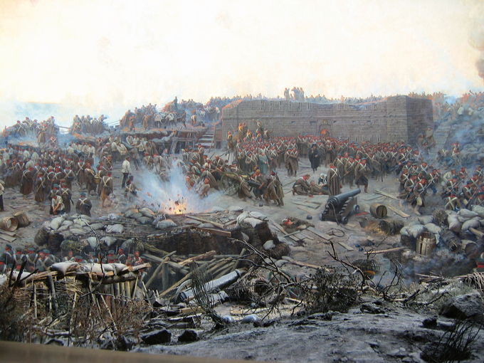 Detail of Franz Roubaud's panoramic painting The Siege of Sevastopol (1904). It depicts a chaotic battlefield, focusing on the Russian solders defending their position.