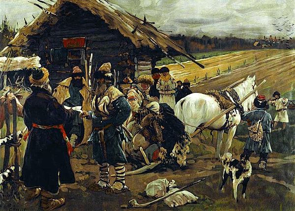 The painting shows several peasants with their belongings packed onto a cart tied to a horse, standing by a small house. A large farm field is shown in the background.
