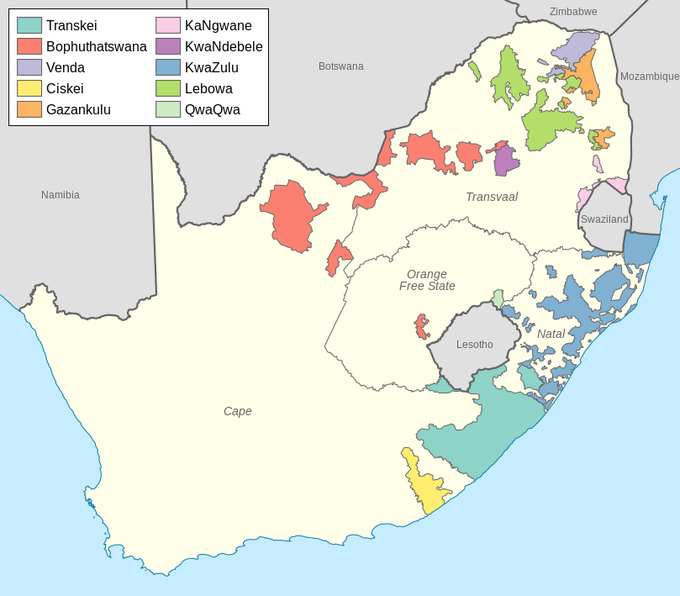 Map of South Africa showing the locations of bantustans.
