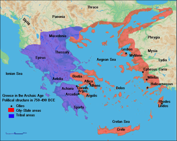 The map shows the political structure of Greece in the Archaic Age from 750 - 490 BCE. Boetia, Attica, Argolis, Delos, Crete, Lindos, and Mytilene were city-state areas. Spara, Archaea, Aetolia, Epirus, Thessaly, and Macedonia, on the other hand, were tribal areas.