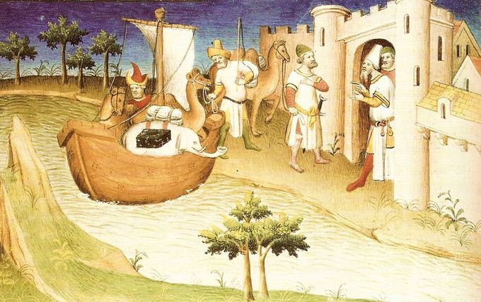 The painting shows a ship on a river or inlet anchored near a castle wall. The ship is filled with animals, including one elephant and three camels. One of the men from the ship, presumably Marco Polo, speaks men at the gate.