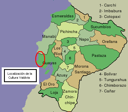 The map shows Ecuador, with the location of the Valdivia culture circled.