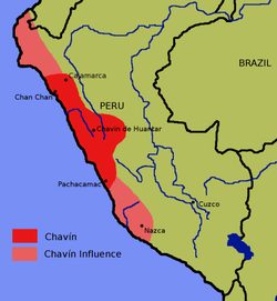 The map shows the extent of the Chavín Civilization, which stretched along the Peruvian coast, from Cajamarca to the north to Pachacamac, an archaelogical site 40 km southeast of Lima, to the south. The map also shows the extent of Chavín influence, which stretched further north along the coast to the modern-day border of Peru and Ecuador and further south along the coast to Nazca.