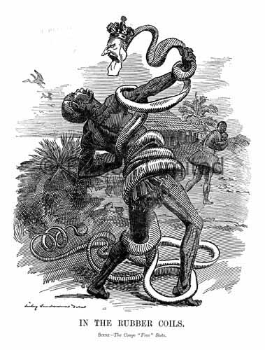 A cartoon depicting Leopold II as a rubber vine entangling a Congolese rubber collector.