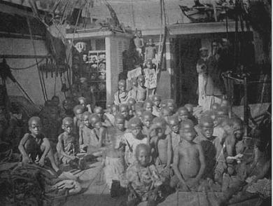 A photo of slaves captured from the Congo aboard an Arab slave ship intercepted by the Royal Navy (1869).