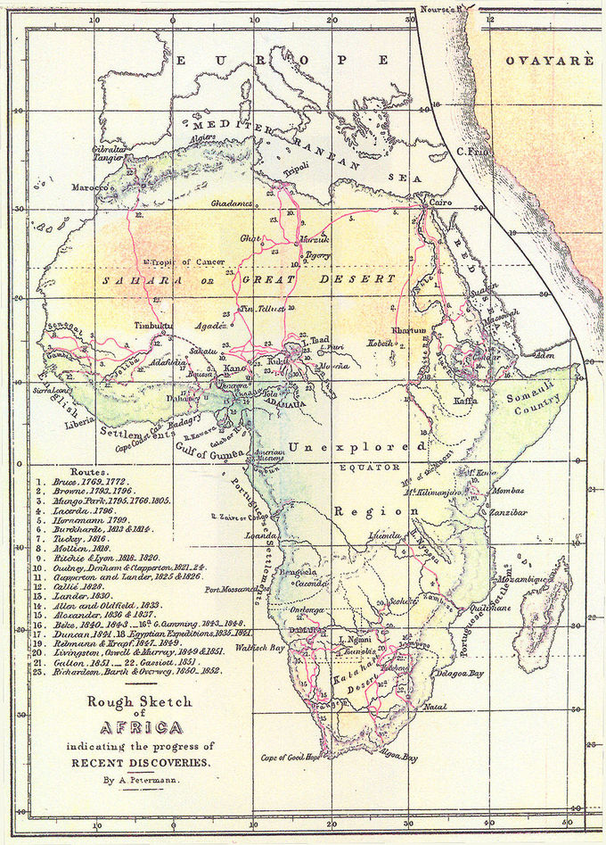 A map showing the routes of European explorers in Africa, depicted as red lines, numbered to correspond with the explorer.