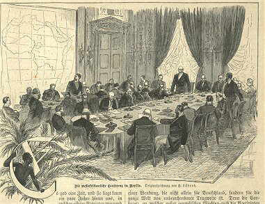 The drawing depicts several dozen men around a large table, with a large map of Africa posted on the wall.
