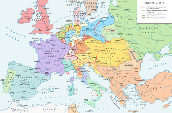 A map of the national boundaries within Europe set by the Congress of Vienna.