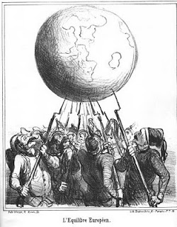 An image of a cartoon by Honore Daumier, L’Equilibre Europea, that depicts many people holding up the globe with bayonets.