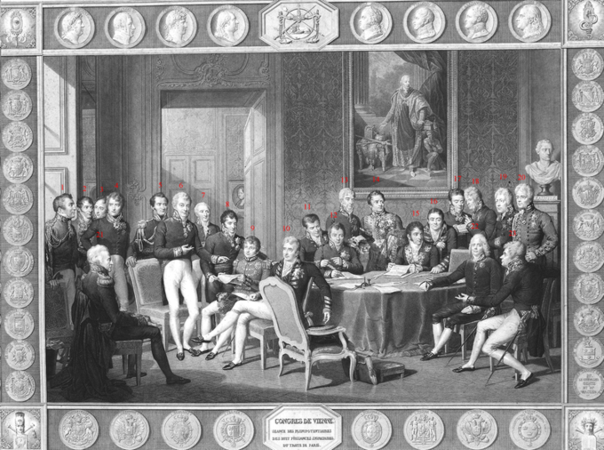 A drawing of the participants of the Congress of Vienna, seated or standing in a lavishly decorated parlor room.