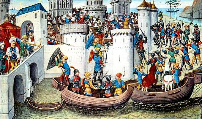A Medieval painting of the conquest of Constantinople in 2014. In the foreground, crusader ships surround a high-walled castle, with soldiers climbing ladders into the castle and throwing spears. To the right, crusaders stand on the beach, readying their siege. In the castle, soldiers return fire with arrows and spears, and to the left, a Byzantine royal, perhaps the Emperor, watches over the scene.