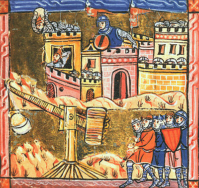A Medieval painting that depicts the Siege of Acre. Five soldiers in the foreground operate a slingshot. In the background, soldiers defend a high-walled castle, throwing stones on the invaders.
