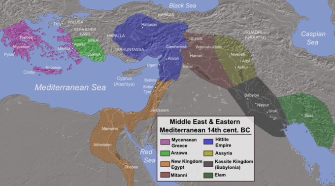 The map shows eight different powers and the area they occupied. From west to east, Mycenaean Greece covered modern-day Greece and the west coast of modern-day Turkey; Arzawa covered portions of modern-day Turkey; the New Kingdom of Egypt covered modern-day Egypt, as well as portions of modern-day Sudan, Palestine, Israel, Syria, Jordan, and Lebanon; the Hittite Empire covered portions of modern-day Turkey, Syria, and Lebanon; Mitanni covered portions of modern-day Syria, Turkey, and Iraq; Assyria covered portions of modern-day Syria, Iraq, and Turkey; Kassite Kingdom covered portions of modern-day Iran and Iraq; and Elam covered portions of modern-day Iran.