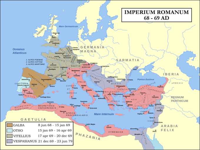 The map shows that Dalmatia (one of four historical regions of Croatia), Pannonia (an ancient province of the Roman Empire bounded north and east by the Danube, coterinumus westward with Noricum and upper Italy, and southward with Dalmatia and upper Moesia), Moesia (an ancient region and later Roman province situatioed in the Balkans, along the south bank of the Danube River), Aegyptus (the Roman province of Egypt), Iudaea (an area that incorporated the regions of Judea, Samaria, and Idumea, and extended over parts of the former regions of the Hasmonean and Herodian kingdoms of Israel), and Syria were loyal to Vespasian.