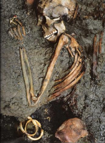 An image of a skeleton in ash preserved after the eruption of Mount Vesuvius.