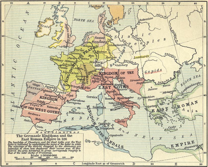 A map showing the extent of the Germanic Kingdoms and the East Roman Empire