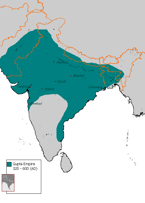 The map shows that the empire covered all of northern Indian as well as a strip of land on the southeastern coast of India.