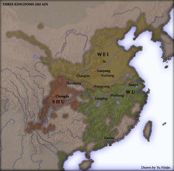 The map shows the kingdoms of Shu, Wei, and Wu.
