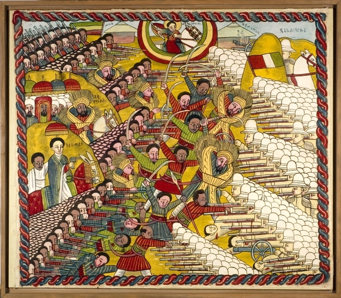An Ethiopian painting Ethiopian troops defeating the Italian troops during the Battle of Adwa.