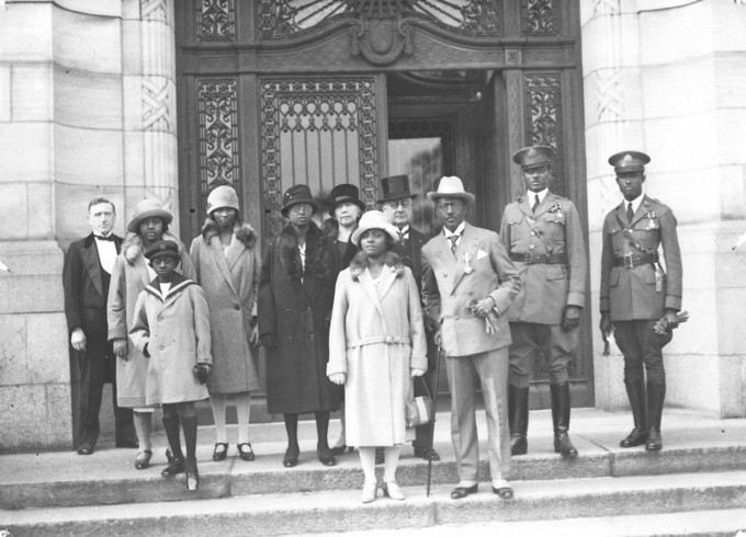 Charles D. B. King, 17th President of Liberia (1920-1930), with his entourage on the steps of the Peace Palace, The Hague (the Netherlands), 1927.