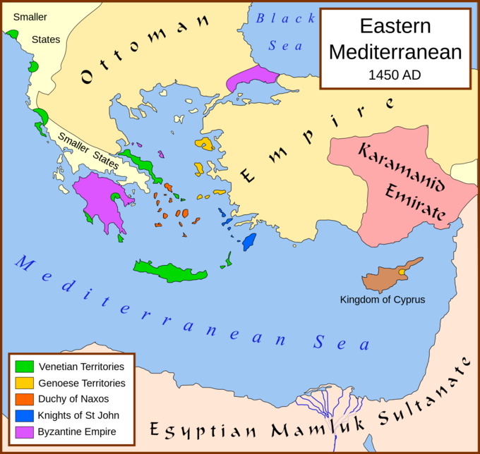The map shows that the East Mediterranean in 1450 CE was split between the Ottoman Empire, the Karamanid Emirate, the Kingdom of Cyprus, the Egyptian Maluk Sultanate, Venetian Territories, Genoese Territories, the Duchy of Naxos, the Knights of St John, and the Byzantine Empire.