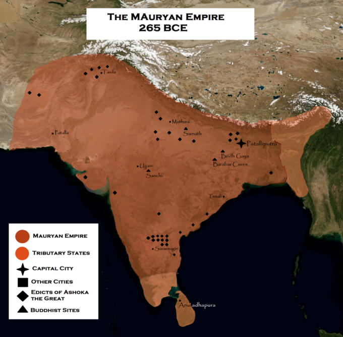 The map shows the empire covering all of modern-day India, as well as portions of modern-day Afghanistan, Bangladesh, Bhutan, India, Iran, Nepal, Pakistan, and China.