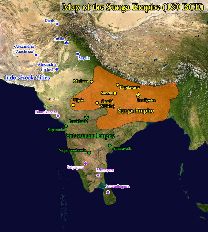The map shows that the Shunga Empire covered portions of modern-day northeast India, as well as portions of modern-day Bangladesh and Nepal.