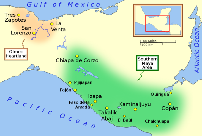 The map shows the Olmec heartland and the Southern Maya Area of the Preclassic era. The Olmec heartland was located on the southern portion of Mexico's Gulf Coast region between the Tuxtla mountains and the Olmec archaeological site of La Venta, extending roughly 80 km (50 mi) inland from the Gulf of Mexico coastline at its deepest. From west to east, it included the cities of Tres Zapotes, San Lorenzo, and La Venta. The Southern Maya Area was located within a broad arc or cantilevered rectangle from Chiapa de Corzo, in the Isthmus of Tehuantepec, in the northwest due south to Izapa and Paso de la Amada, from Chiapa de Corzo southeast to Copán, Honduras, and from Copán south to Chalchuapa, El Salvadolo. From west to east, it included the cities of Pijijiiapan, Pajón, Chiapa de Corzo, Paso de la Amada, Izapa, TAkalik Abaj, El Baúl, Kaminaljuyu, Chalchuapa, Copán, and Quiriguá.