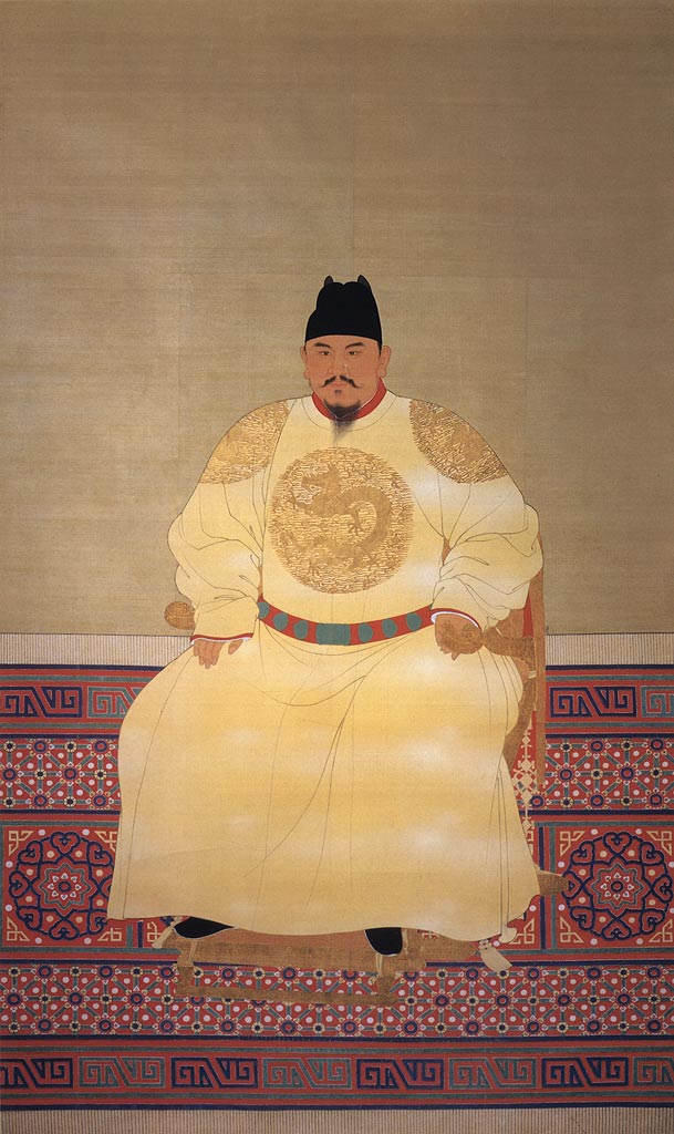 Painted portrait of the first emperor of the Ming dynasty, Hongwu, dressed in a yellow embroidered robe and black hat.