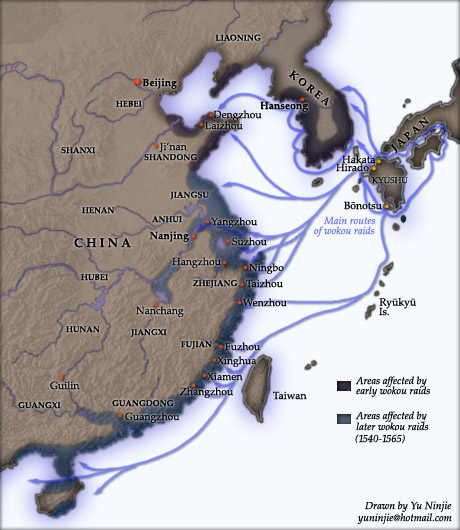 A map of Japanese pirate raids along the coast of China.