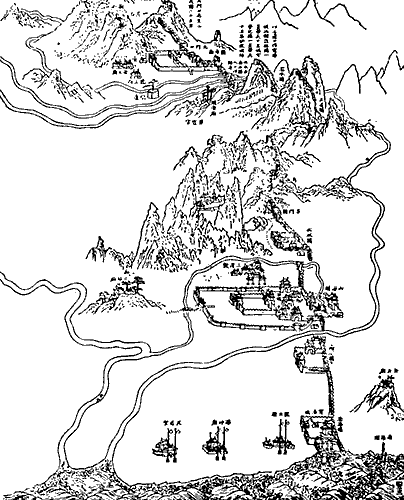 A drawing of the battlegrounds in the decisive Battle of Shanhai Pass in the mountains.