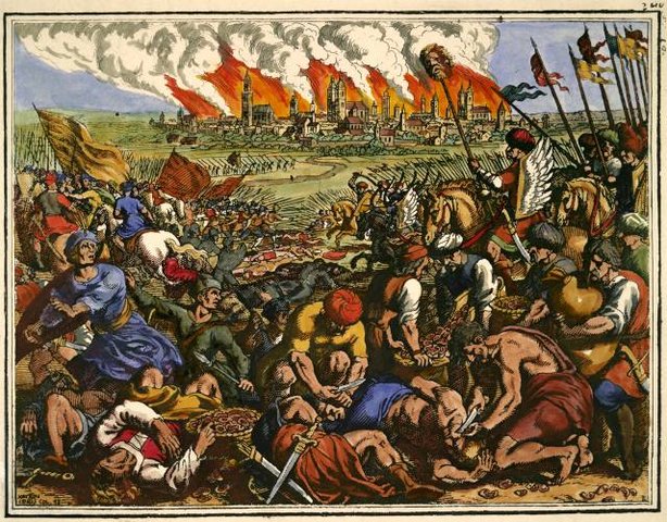 The image depicts a bloody battle in the foreground and a burning city in the background.