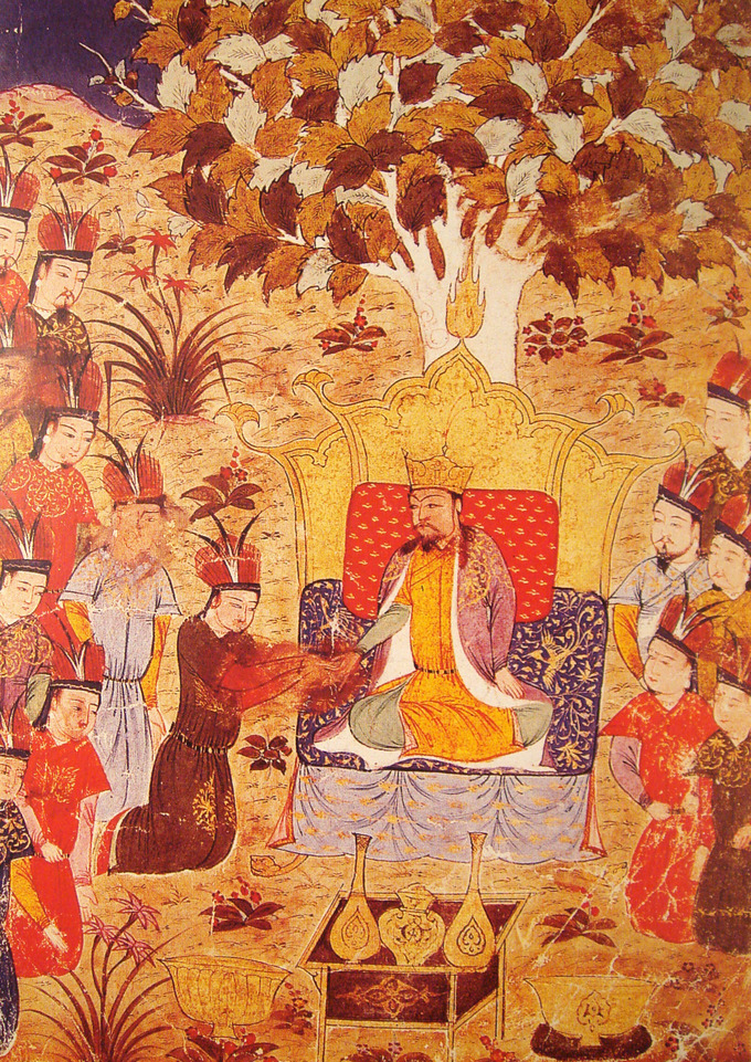 The illustration shows Ogodei sitting on a throne. A large crowd of men surrounds him.