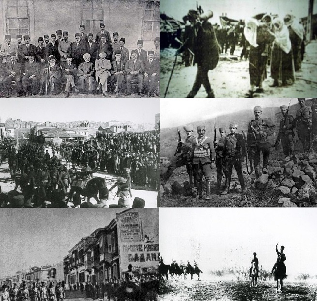 Clockwise from top left: Delegation gathered in Sivas Congress to determine the objectives of the National Struggle; Turkish people carrying ammunition to the front; Kuva-yi Milliye infantry; Turkish horse cavalry in chase; The Turkish army entering Izmir; last troops gathered in Ankara Ulus Square leaving for the front.