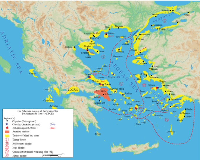 The map shows the status of the Athenian Empire at the brink of the Peloponnesian War in 431 BCE. It shows the Athenian territory, centered around Athens, and the territory of allied city states, which were spread across the Adriatic and the Aegean Seas. The territories were divided into five districts: the Thrace District to the north, which included the cities of Potidae (captured in 432), Eion (captured in 475), Amphipolis (captured in 436), and Thasos (captured in 463); The Hellespontic District to the northeast of the Thrace District; the Ionic District south of the Hellespontic District, which included the city of Samos (conquered in 440); the Carian district south of the Ionic District, which joined with the Ionic District after 438; and the Islands District to the west of the Ionic District and south of the Trace District, which included the cities of Athens, Chalcis (captured in 446), and Naxos (captured in 468).