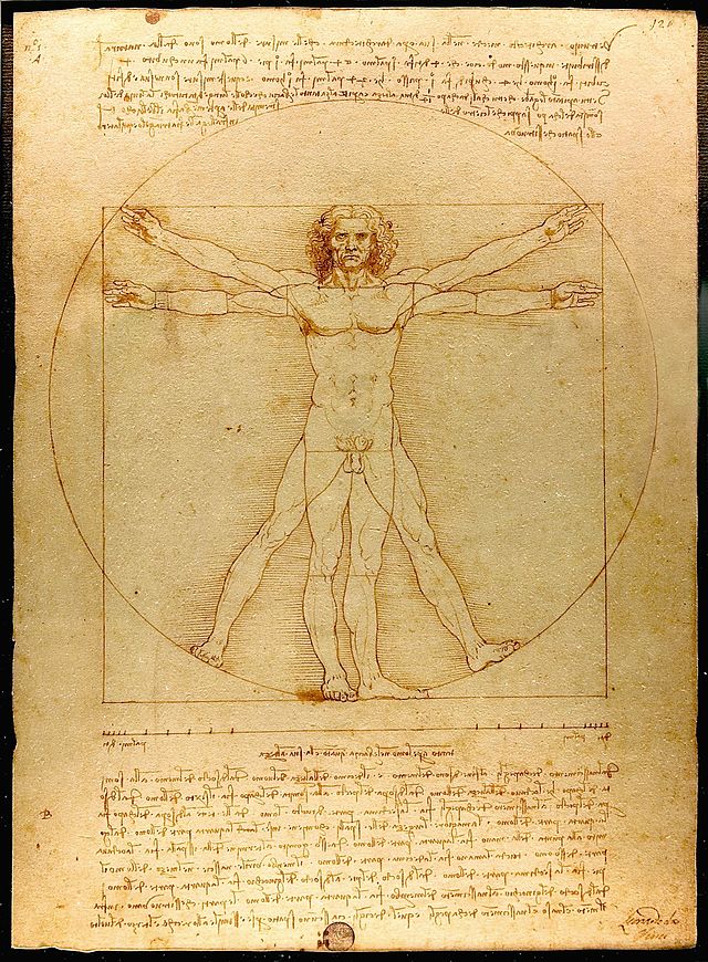 The drawing, which is in pen and ink on paper, depicts a man in two superimposed positions with his arms and legs apart and inscribed in a circle and square.