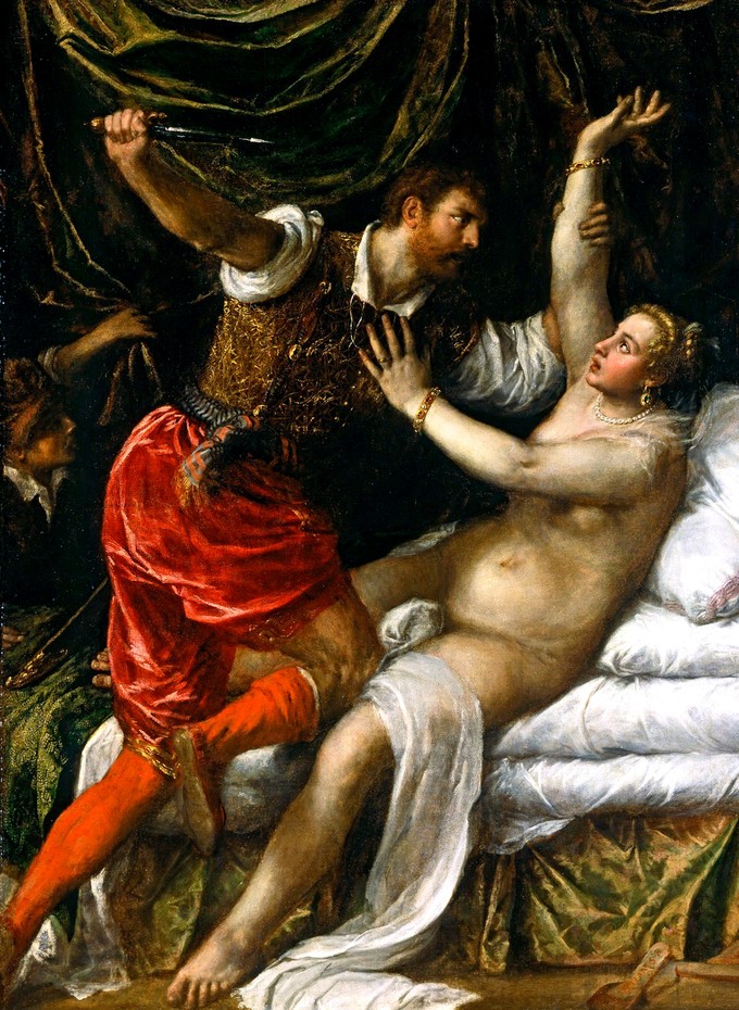 Titian's painting shows Tarquinius attacking Lucretia, who is naked in her bed. Tarquinius clutches Lucretia's right arm with his left hand while wielding a dagger in his right hand.