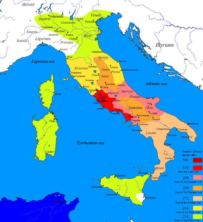 The map shows the territory of Rome and her allies between 500 BCE and 272 BCE. It shows that in 500 the territory only included the city of Rome and its immediate surroundings, including Ostia and Veii. In 338, after the Latin war, the territory expanded a bit to the north and east. It also expanded more considerably to the south, encompassing Antium, Terracina, and Capua. In 298, at the start of the 3rd Samninte war, the territory expanded south to include Napolis and also expanded east in an upside U shape to include Marsi, Aequiculi, Vestini, Marrcini, Fretani, and the cities of Arpi, Luceria, and Asculum on the east coast. In 290, at the end of the 3rd Samnite war, the territory expanded to include the central interior of present-day Italy. In 272, at the end of the Pyrrhic war, the territory expanded to include all of present-day southern Italy. In 264, at the start of the 1st Punic war, the territory expanded to include large portions of present-day northern Italy, as far north as Pisae and Ariminium. Finally, at the start of the 2nd Punic war, the territory expanded farther north, in addition to covering Corsica, Sardini, and most of Siciliy.