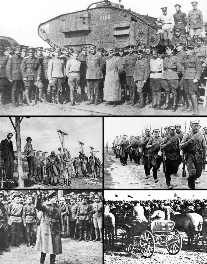 Clockwise from top: Soldiers of the Don Army in 1919; a White Russian infantry division in March 1920; soldiers of the 1st Cavalry Army; Leon Trotsky in 1918; hanging of workers in Yekaterinoslav by Austro-Hungarian troups, April 1918.