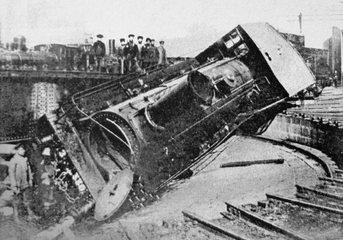 A locomotive overturned by striking workers at the main railway depot in Tiflis in 1905