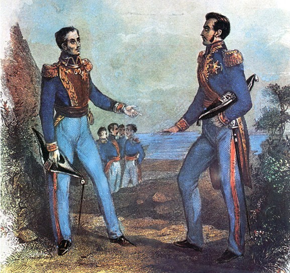 A painting of the conference between Simón Bolívar and José de San Martín. The real conference took place inside an office, and not in the countryside as the portrait suggests.