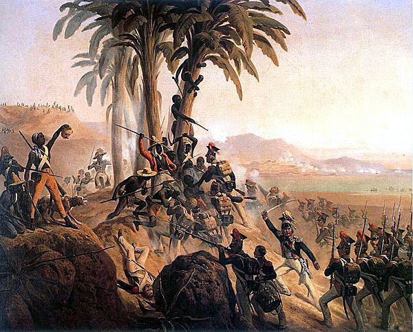The battle takes place of a small hill covered in palm trees. One black soldier holds the severed head of a white soldier.