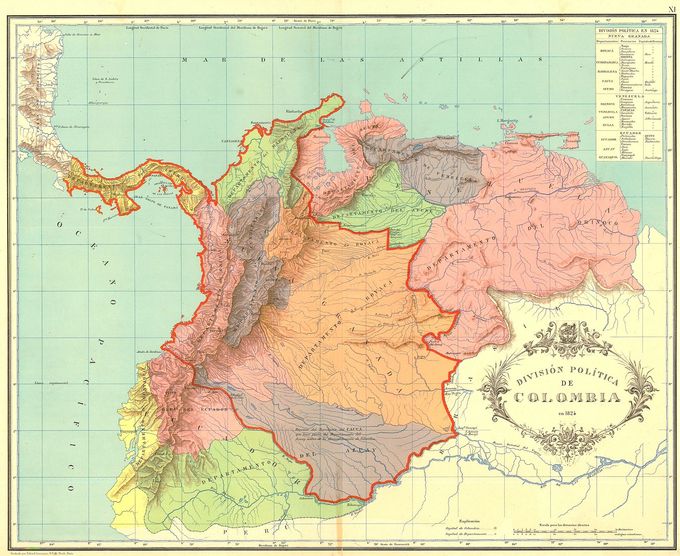 A map of Gran Colombia showing the 12 departments created in 1824 and territories disputed with neighboring countries