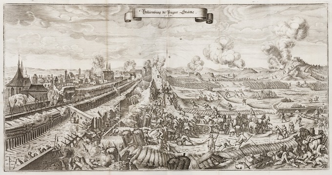 An engraving of the Swedish attack on Prague, showing various skirmishes in an open field on the right, and the walls and gates to Prague on the left, beginning to be broken open by attack.