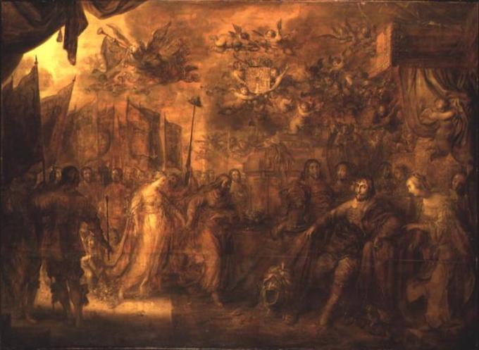Painting of Christian IV surrounded by people, some carrying flags. Above the people are angels with trumpets.